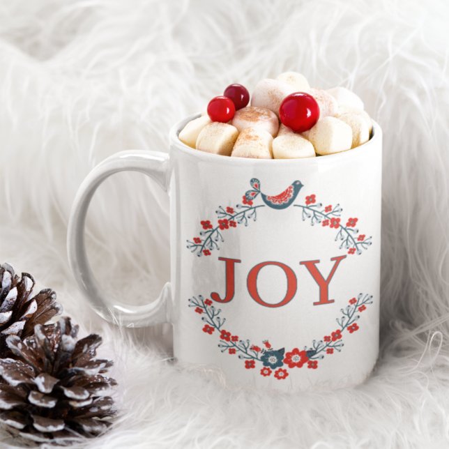 Cute Charming Bird on Wreath and Joy Word Art Coffee Mug (Creator Uploaded)