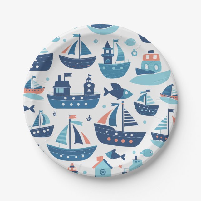 Cute Charming Boats, Ships and Fish Paper Plate (Front)