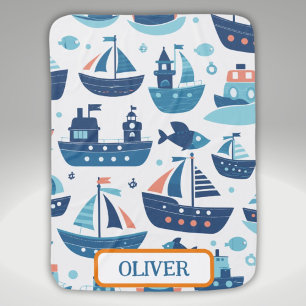 Cute Charming Boats, Ships and Fish Personalized Baby Blanket