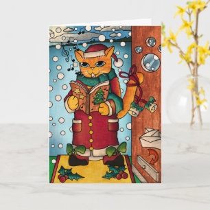 Cute Charming Christmas Carol Singer Cat Card