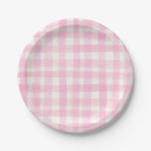 Cute Charming Girly Pink Hand-Drawn Gingham Paper Plate