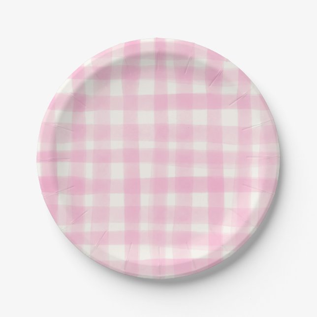Cute Charming Girly Pink Hand-Drawn Gingham Paper Plate (Front)