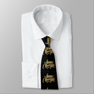 Cute Charming Happy New Year Gold On Black Tie