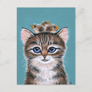 Cute Chat avec Baby Bird Carte postale Printemps