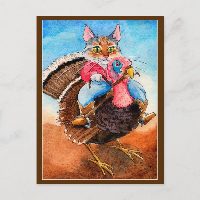 Cute chat cowboy équitation dinde carte postale (Devant)