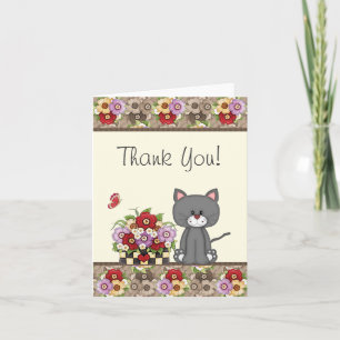 Cute Chat, Fleurs et Carte de remerciements papill