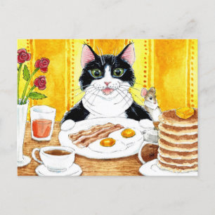 Cute chat manger carte postale petit-déjeuner