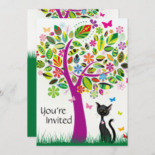 Cute chat noir et arbre à fleurs Invitation d'anni