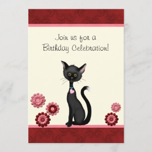 Cute Chat noir et Fleurs Invitation Anniversaire
