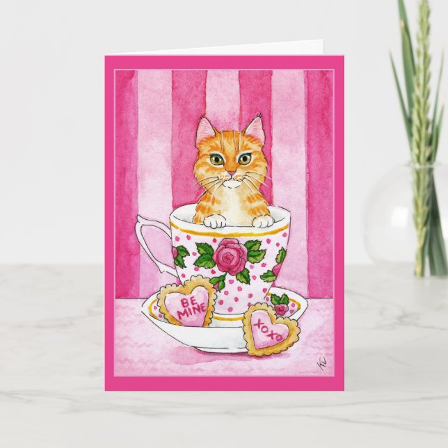 Cute Chat, thé, biscuits, carte de la Saint Valent (Devant)