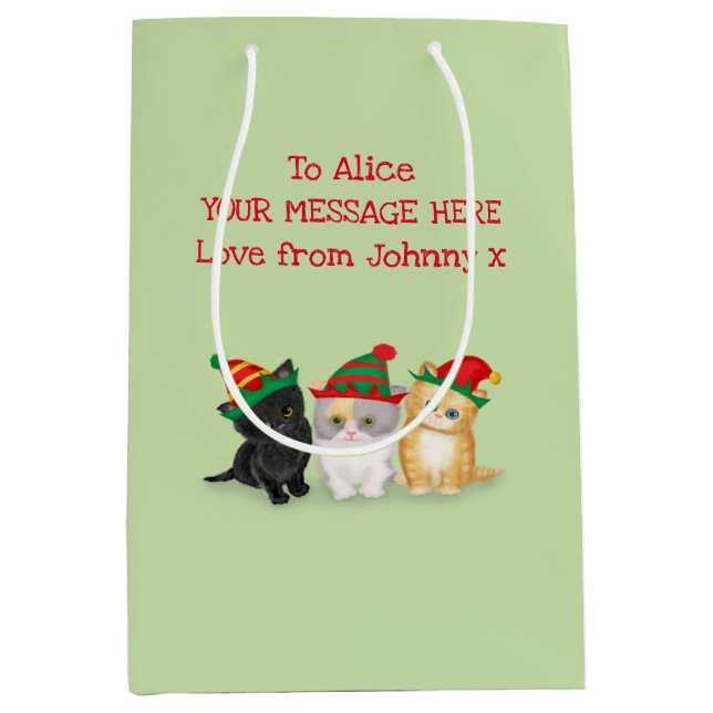 Cute chatons personnalisé sac cadeau de Noël vert (Devant)