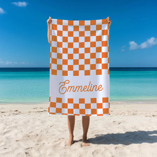 Cute Checkered Custom Name Orange Summer Pool Beach Towel