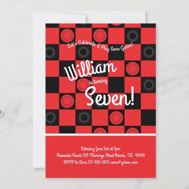 Cute Checkers Board Games Kids Birthday Party Invitation (Front)