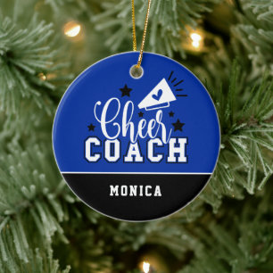 Cute Cheer Coach Personalized Blue and Black Ceramic Ornament