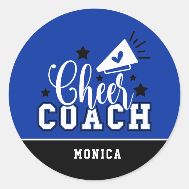 Cute Cheer Coach Personalized Blue and Black Classic Round Sticker (Front)
