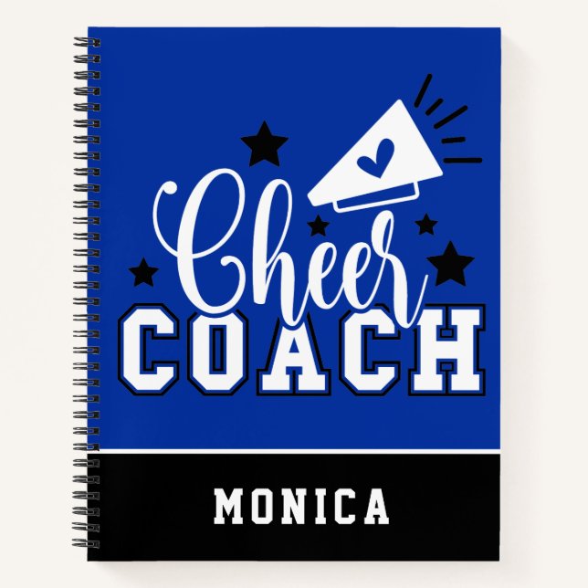Cute Cheer Coach Personalized Blue and Black Notebook (Front)