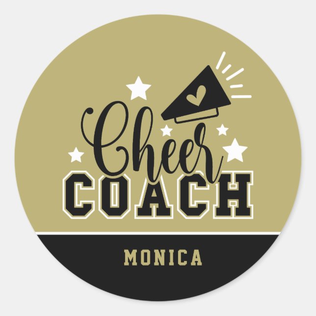 Cute Cheer Coach Personalized Gold and Black Classic Round Sticker (Front)
