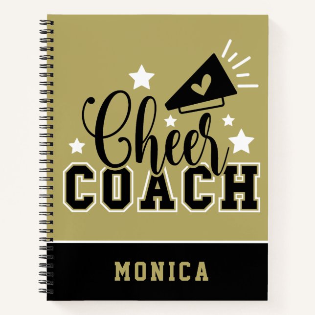 Cute Cheer Coach Personalized Gold and Black Notebook (Front)