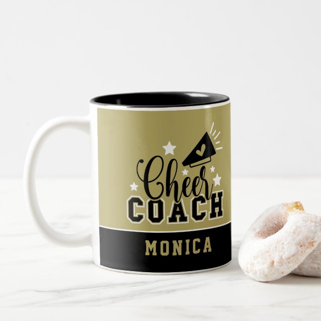 Cute Cheer Coach Personalized Gold & Black Two-Tone Coffee Mug (With Donut)