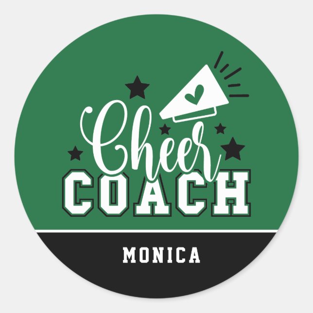 Cute Cheer Coach Personalized Green and Black Classic Round Sticker (Front)