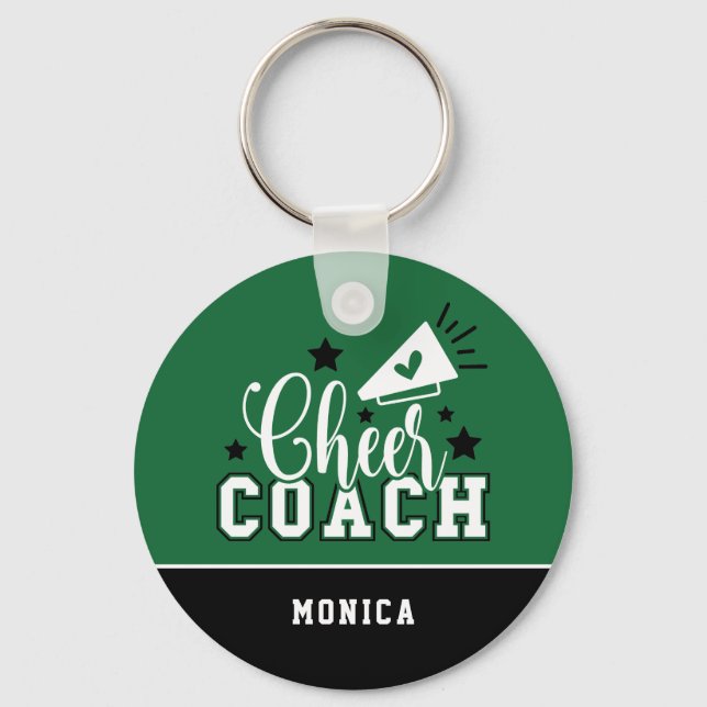 Cute Cheer Coach Personalized Green and Black Keychain (Front)