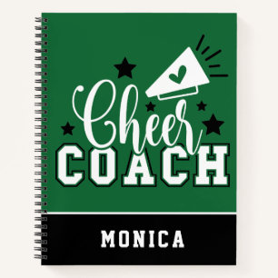 Cute Cheer Coach Personalized Green and Black Notebook