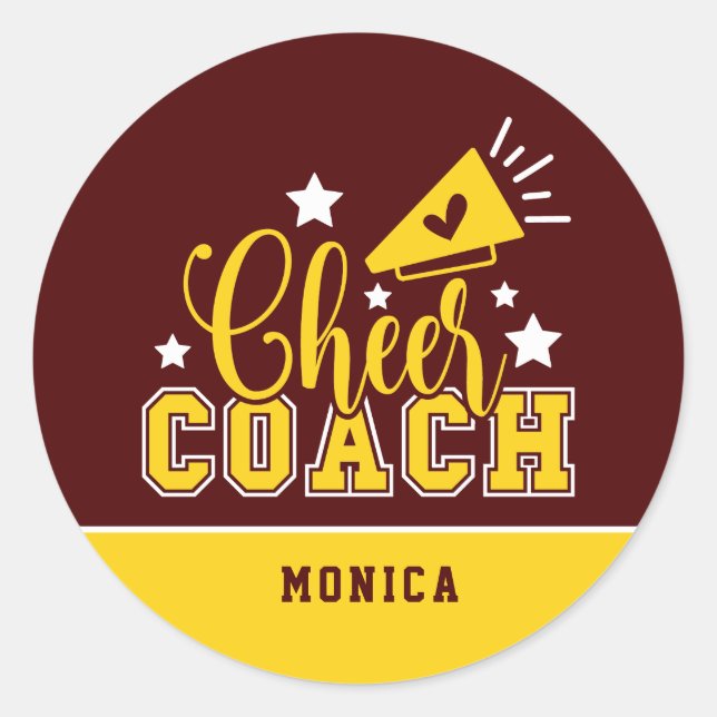 Cute Cheer Coach Personalized Maroon & Yellow Classic Round Sticker (Front)