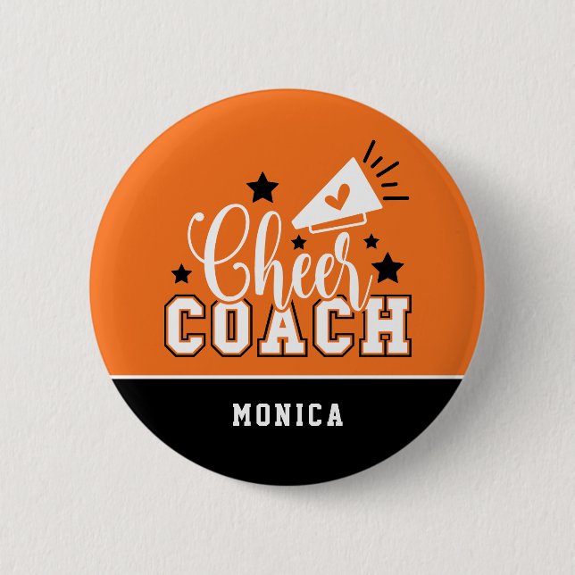 Cute Cheer Coach Personalized Orange & Black 2 Inch Round Button (Front)