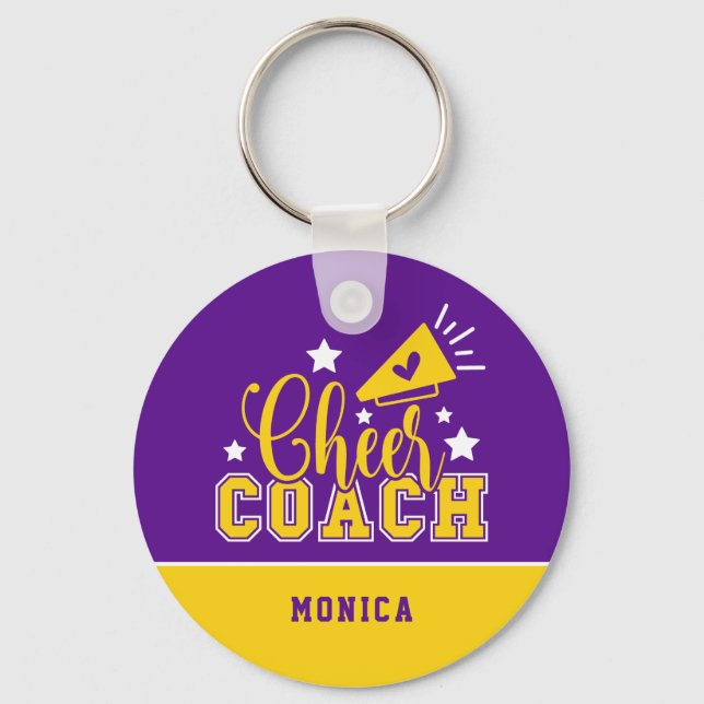 Cute Cheer Coach Personalized Purple & Yellow Keychain (Front)