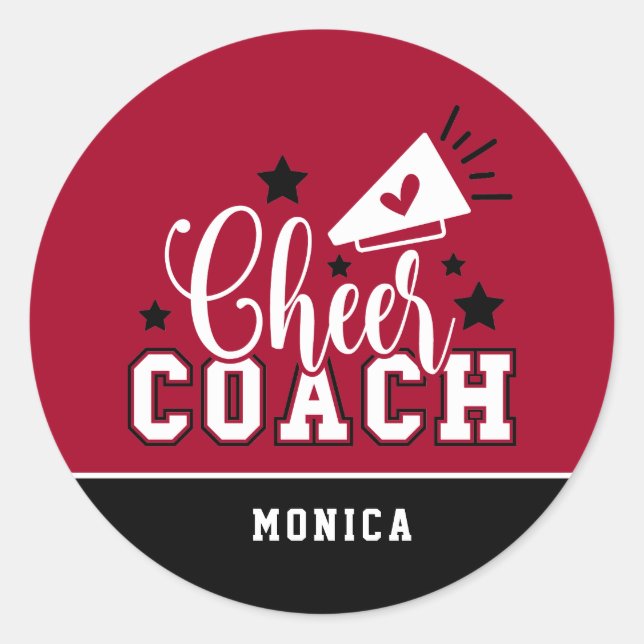 Cute Cheer Coach Personalized Red and Black Classic Round Sticker (Front)