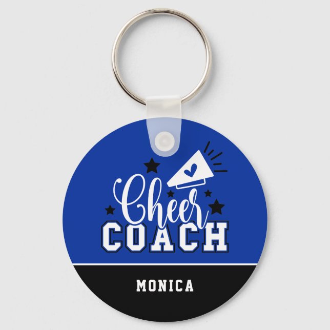 Cute Cheer Coach Personalized Royal Blue and Black Keychain (Front)