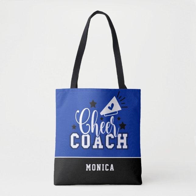 Cute Cheer Coach Personalized Royal Blue and Black Tote Bag (Front)