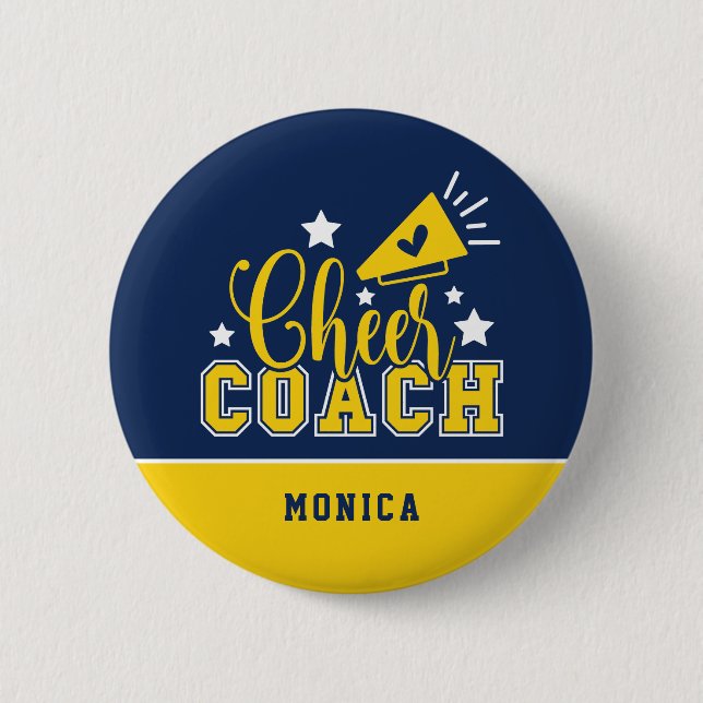 Cute Cheer Coach Personalized Royal Blue & Yellow 2 Inch Round Button (Front)