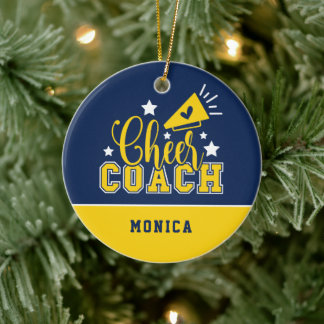 Cute Cheer Coach Personalized Royal Blue & Yellow Ceramic Ornament