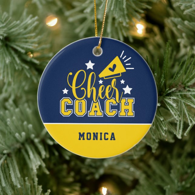 Cute Cheer Coach Personalized Royal Blue & Yellow Ceramic Ornament (Tree)