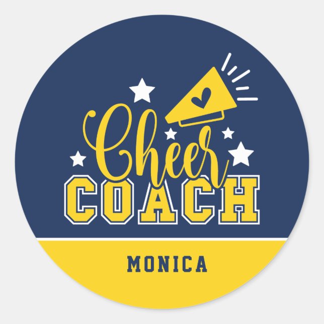Cute Cheer Coach Personalized Royal Blue & Yellow Classic Round Sticker (Front)