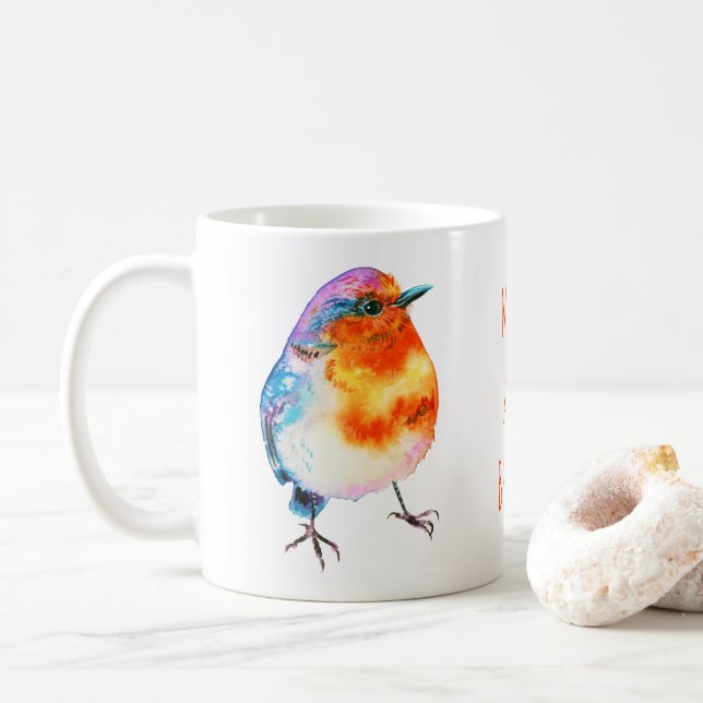 Cute Cheerful Christmas Robin Merry and Bright Coffee Mug (With Donut)