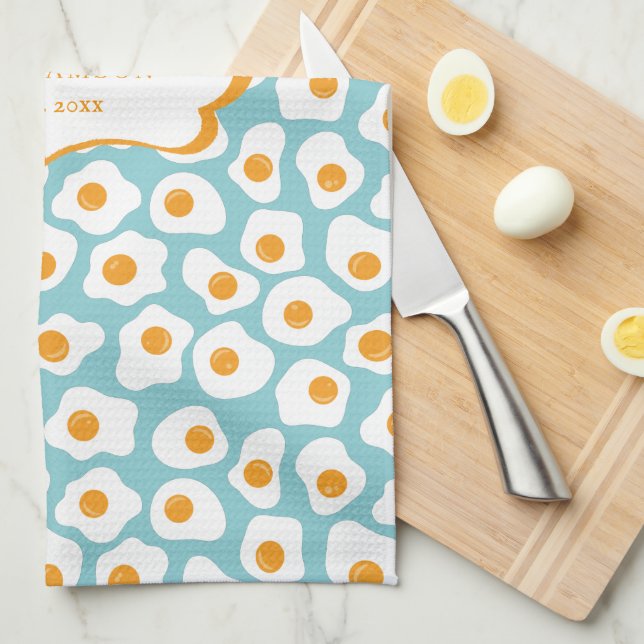 Cute Cheerful Eggs Pattern | Monogram Tea Towel (Quarter Fold)