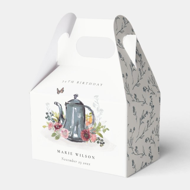 Cute Cheerful Roses Floral Teapot Any Age Birthday Favor Box (Front Side)