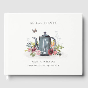 Cute Cheerful Roses Floral Teapot Bridal Shower Guest Book