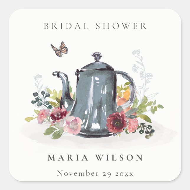 Cute Cheerful Roses Floral Teapot Bridal Shower Square Sticker (Front)