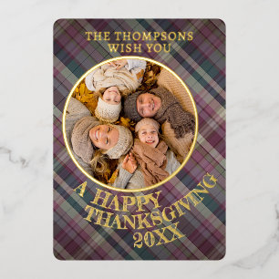 Cute Cheerful Thanksgiving Plaid Pattern Gold Foil Holiday Card