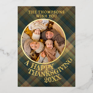 Cute Cheerful Thanksgiving Plaid Pattern Gold Foil Holiday Card