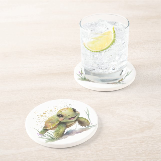 Cute Cheerful Tortoise Sandstone Coaster (Side)