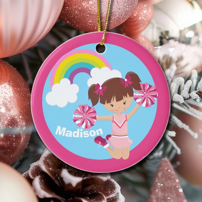 Cute Cheerleader Monogram Pink Kids Christmas Ceramic Ornament (Creator Uploaded)