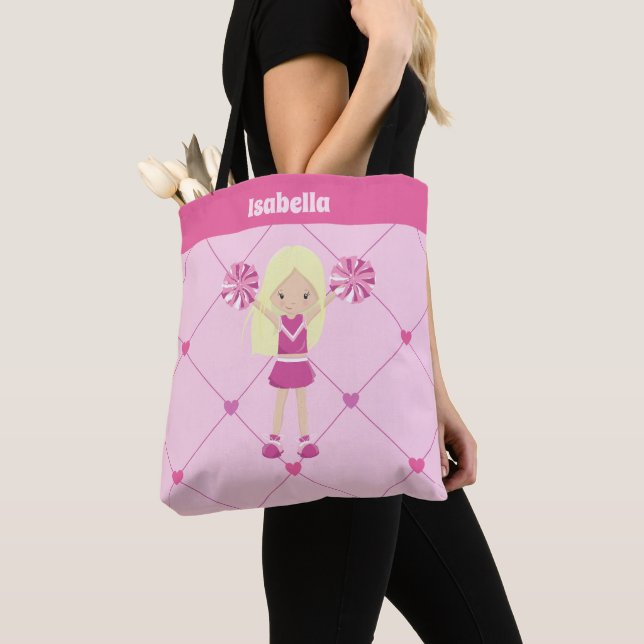Cute Cheerleader Pink Hearts Custom Blonde Girl Tote Bag (Close Up)