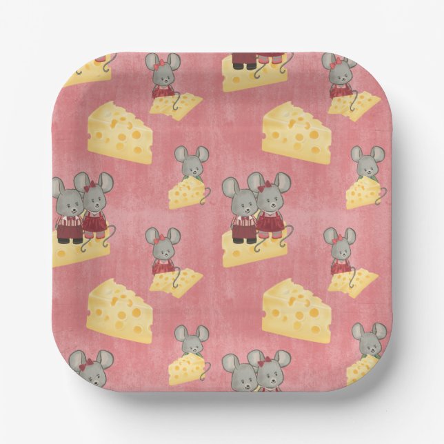 Cute Cheesy Mouse Family Pattern Paper Plate (Front)