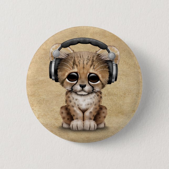 Cute Cheetah Cub Dj Wearing Headphones 2 Inch Round Button (Front)
