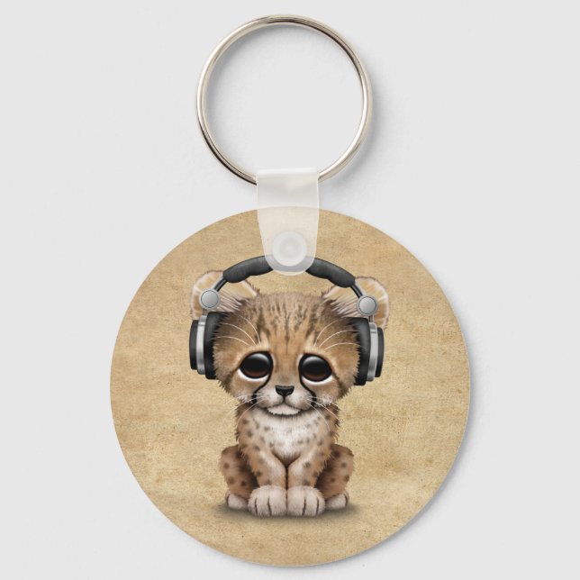 Cute Cheetah Cub Dj Wearing Headphones Keychain (Front)