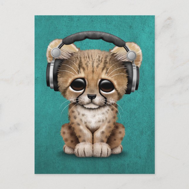 Cute Cheetah Cub Dj Wearing Headphones on Blue Postcard (Front)